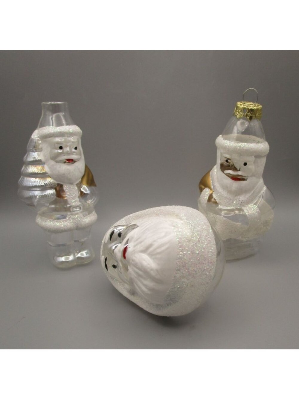 Clear Glass Santa Claus Christmas Ornaments White Glitter Gold Accents Vintage